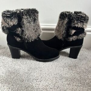 Boots Black Heeled Boots with Faux Fur Cuff